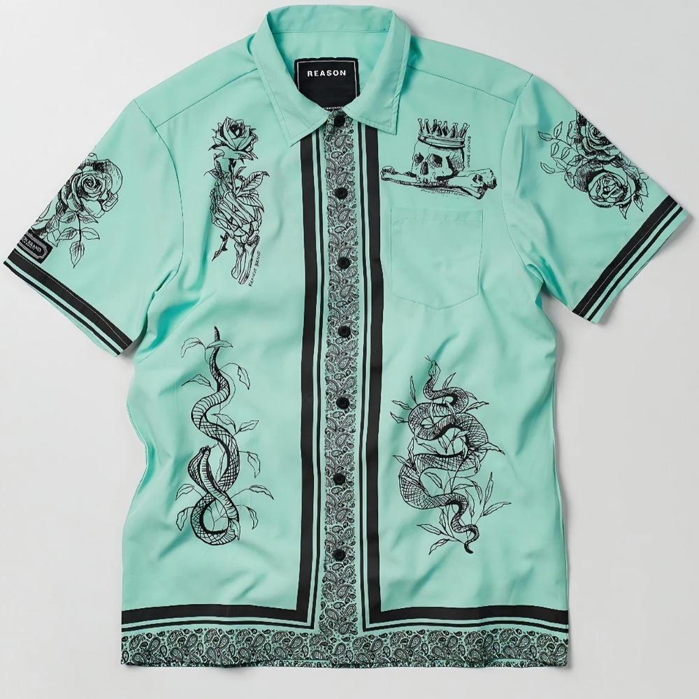 Reason Brand Men's Luca Graphic Button Down Short Sleeve Green Size M BA-2748